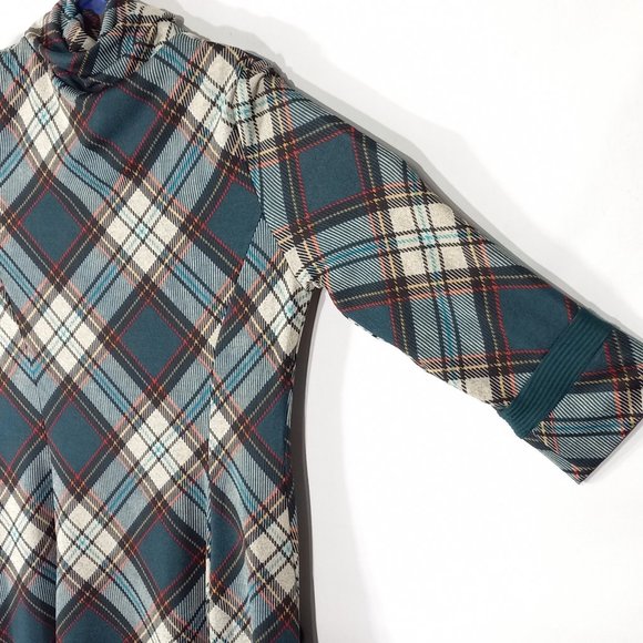 Robbie Bee Signature Sweater Dress Wm Lg Teal Plaid Cowl Turtleneck 3/4 Sleeve - Picture 5 of 12